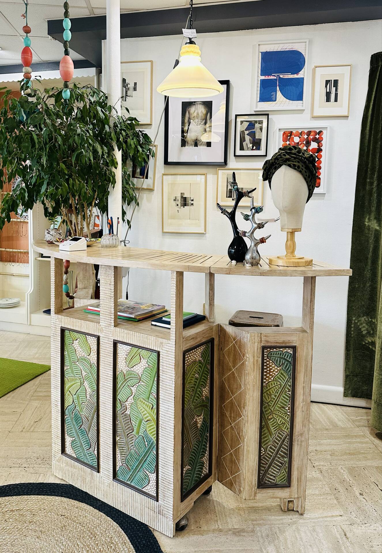 Vintage folding bar counter on wheels, wood.