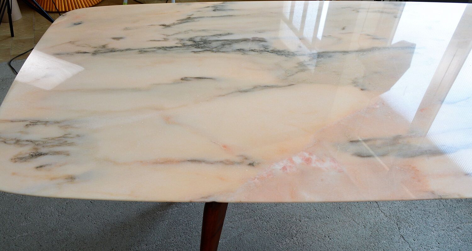 Italian dining table with sculptural beech base and pink marble, 1950s