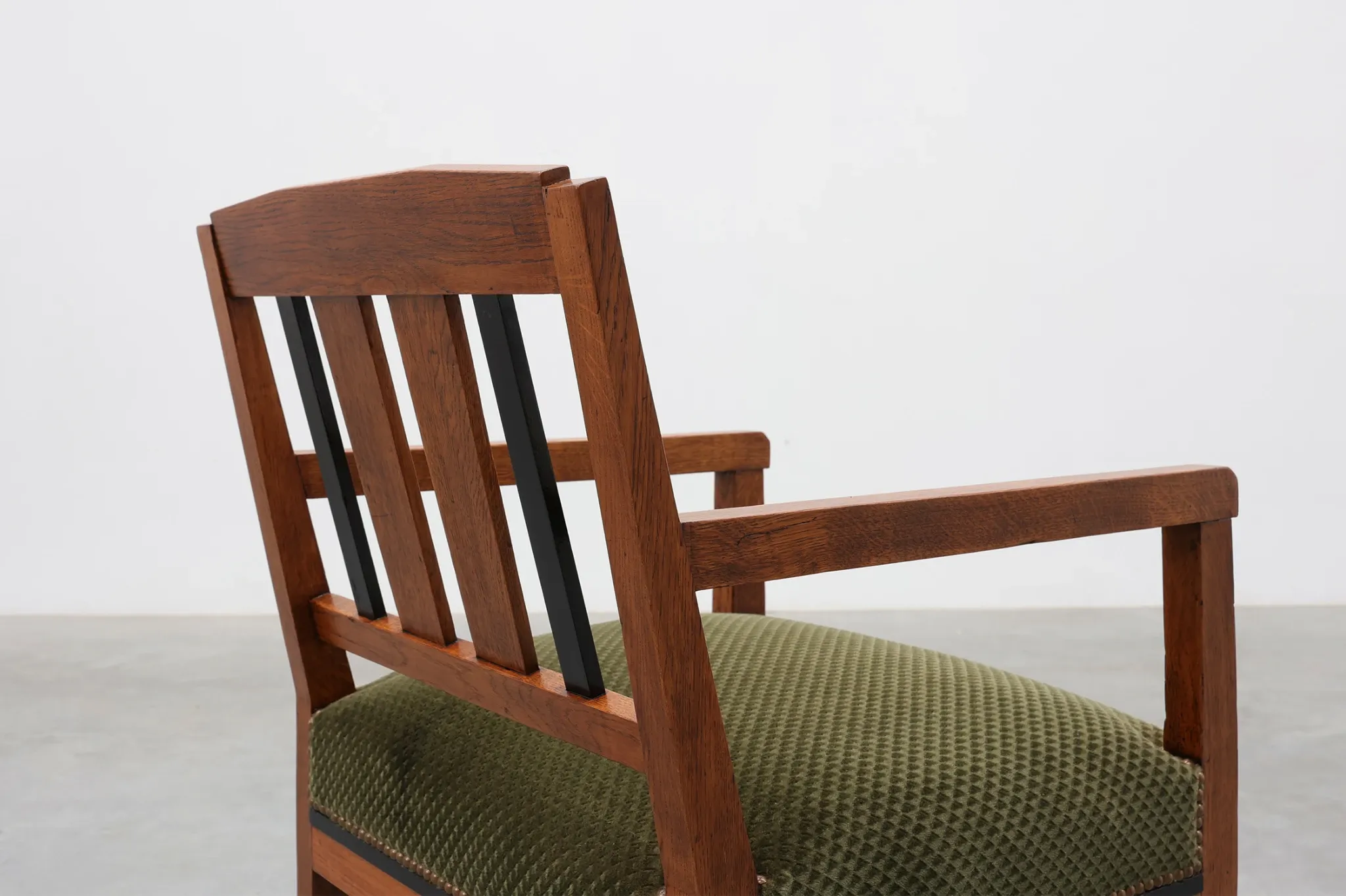 Amsterdamse School Oak Armchair with Green Velvet Seat, Netherlands, 1920s