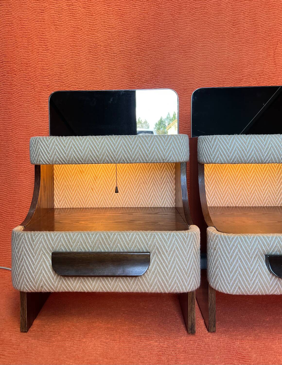 SET OF 2 VINTAGE 1970S NIGHTSTANDS/SOFA ENDS IN WOOD AND FABRIC