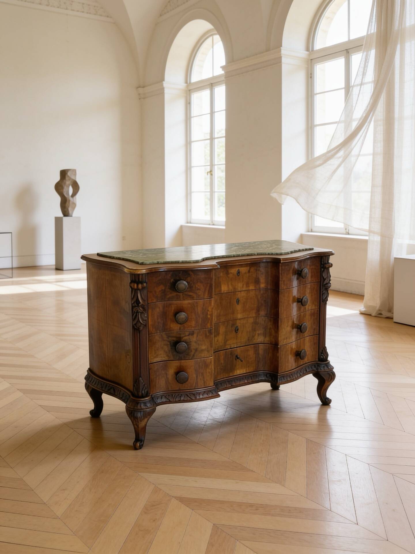 serpentine commode in antique walnut