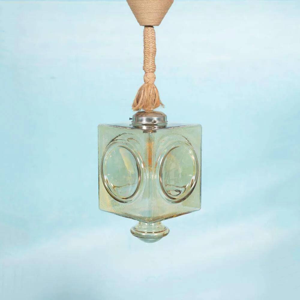 Japandi suspended glass lamp, vintage cubic bohemian glass lamp.