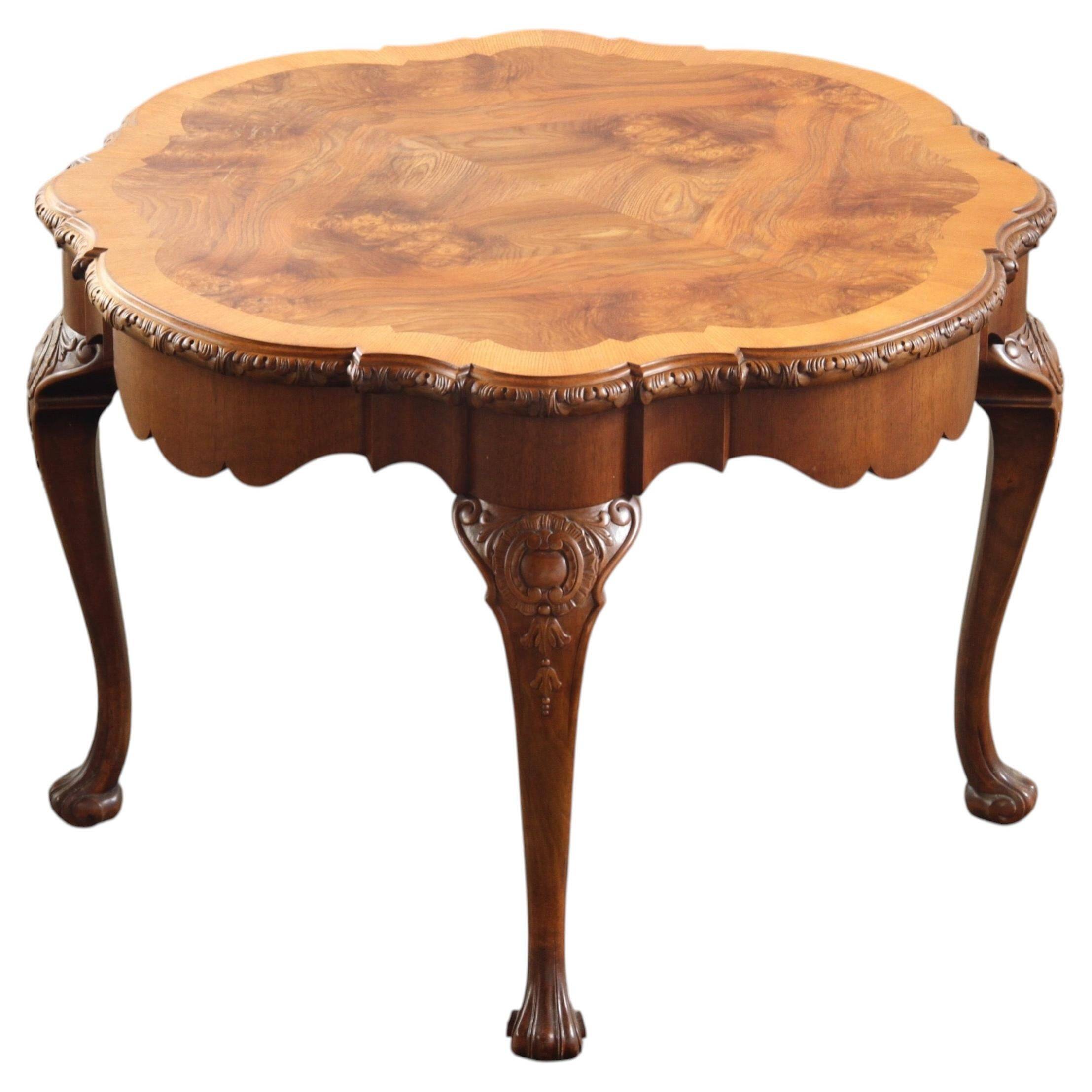 Vintage Figured Burr Walnut Pie Crust Coffee Table, 1920s