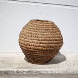 Old basket, burgundy straw and bramble, woven basket, interior decoration