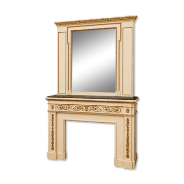 Important Louis XVI style fireplace, with its overmantel, all in wood.