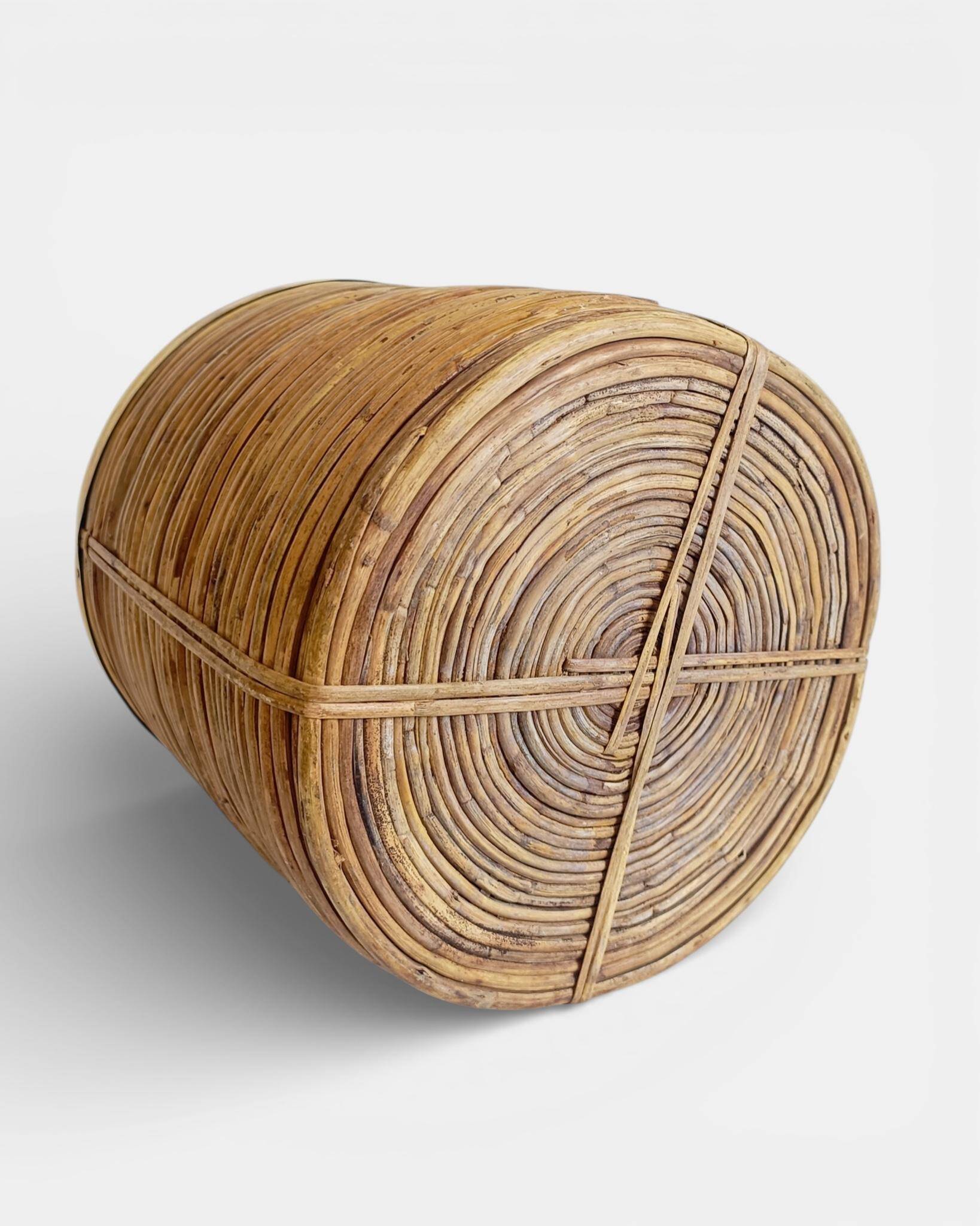 Mid-Century Organic Modern Medium Size Pencil Reed/Rattan Planter with Brass Rim