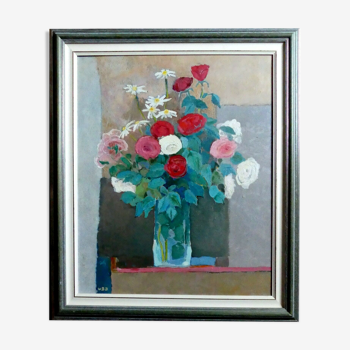 Painting flowers bouquet - roses frame flowers still life*signed