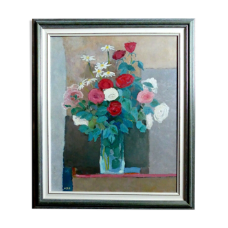 Painting flowers bouquet - roses frame flowers still life*signed