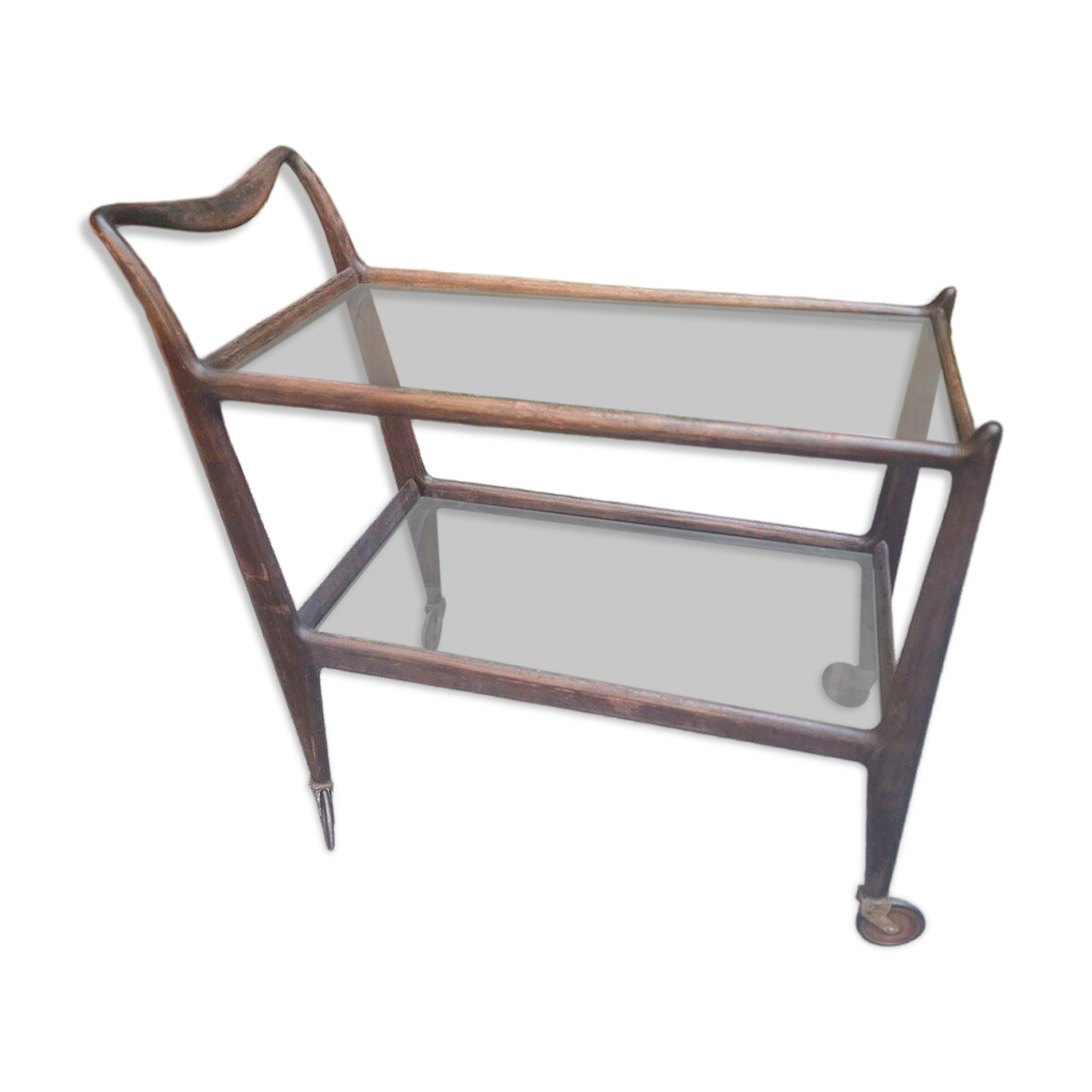 Wooden Trolley with Glass Shelves and Wheels from de Baggis, 1950s