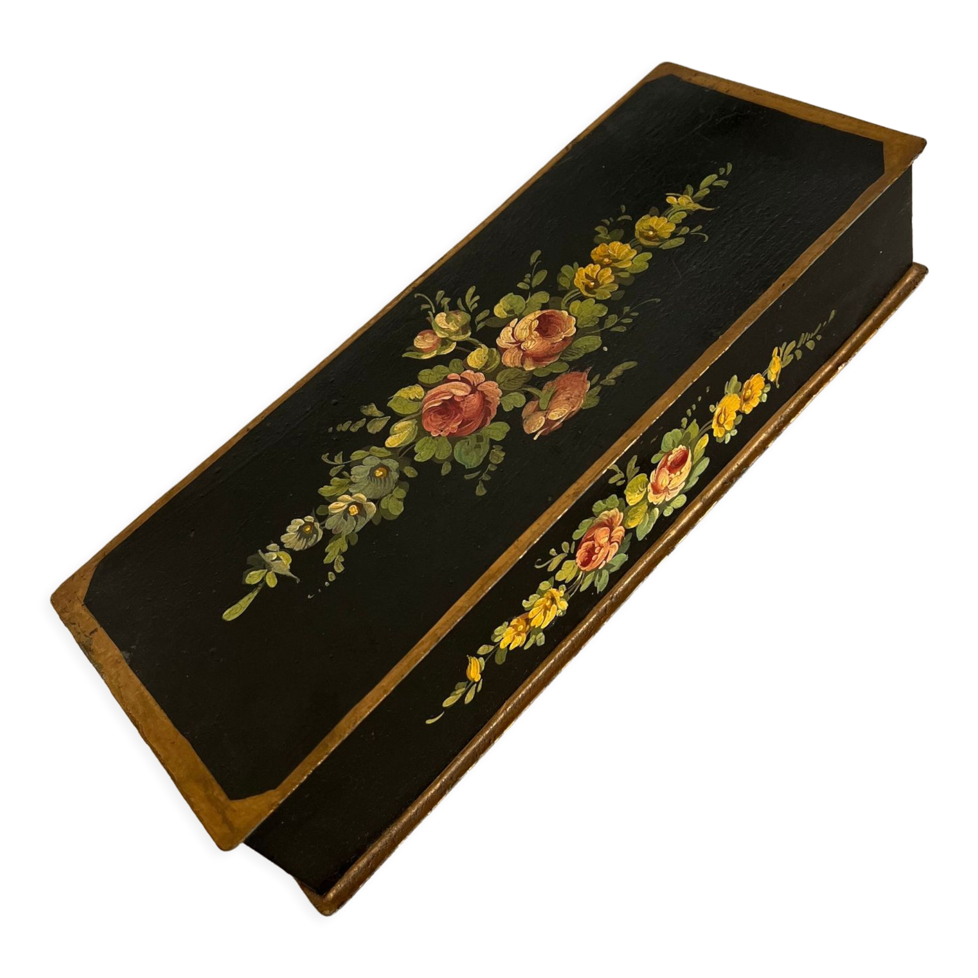 Boite à bijoux noir avec fleurs intérieur tissu gris