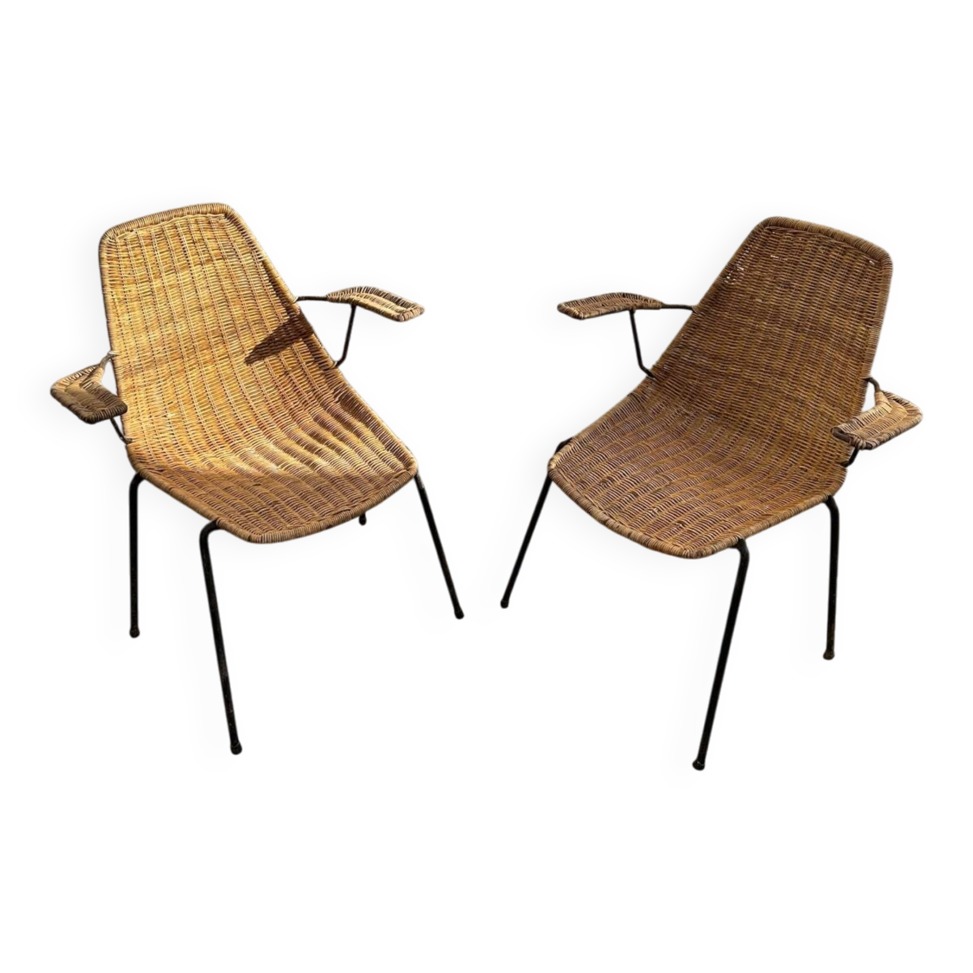 Paire de fauteuils en rotin et métal -1950/1960