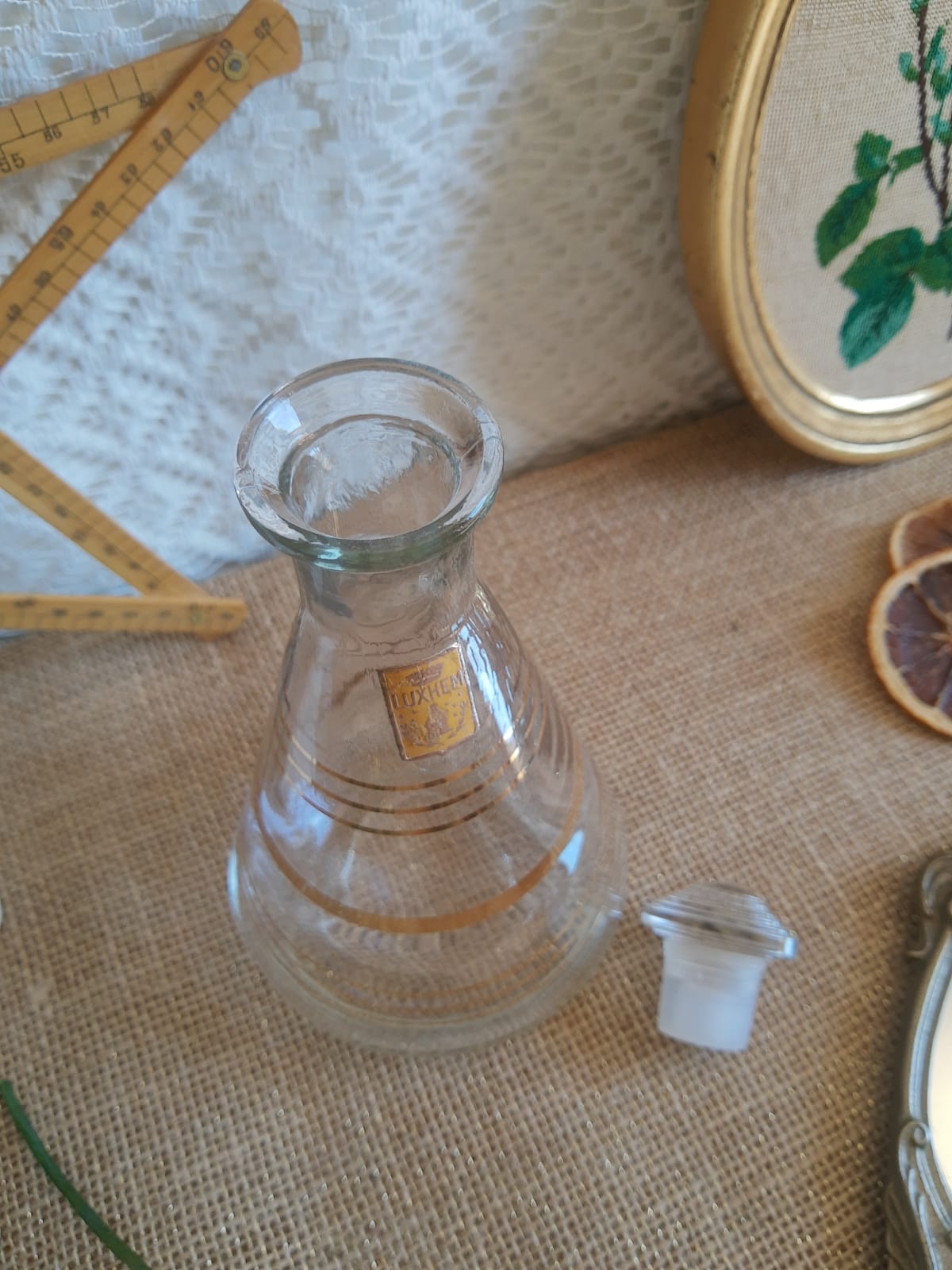 Luxhem glass carafe with vintage gold trim