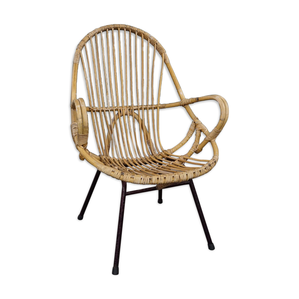 Fauteuil en rotin avec accoudoirs, design hollandais, 1960 | Selency