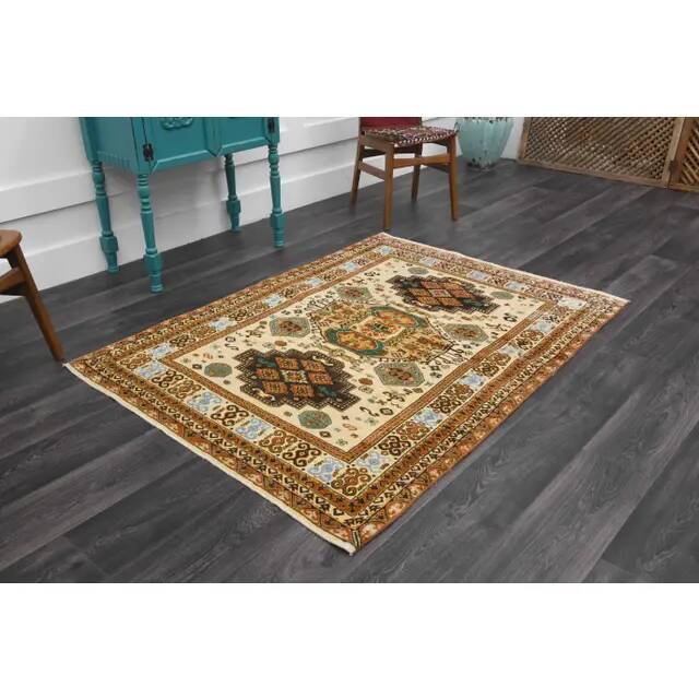 1970s Vintage Turkish Hand-Knotted Wool Cotton Yellow Area Rug 131x177