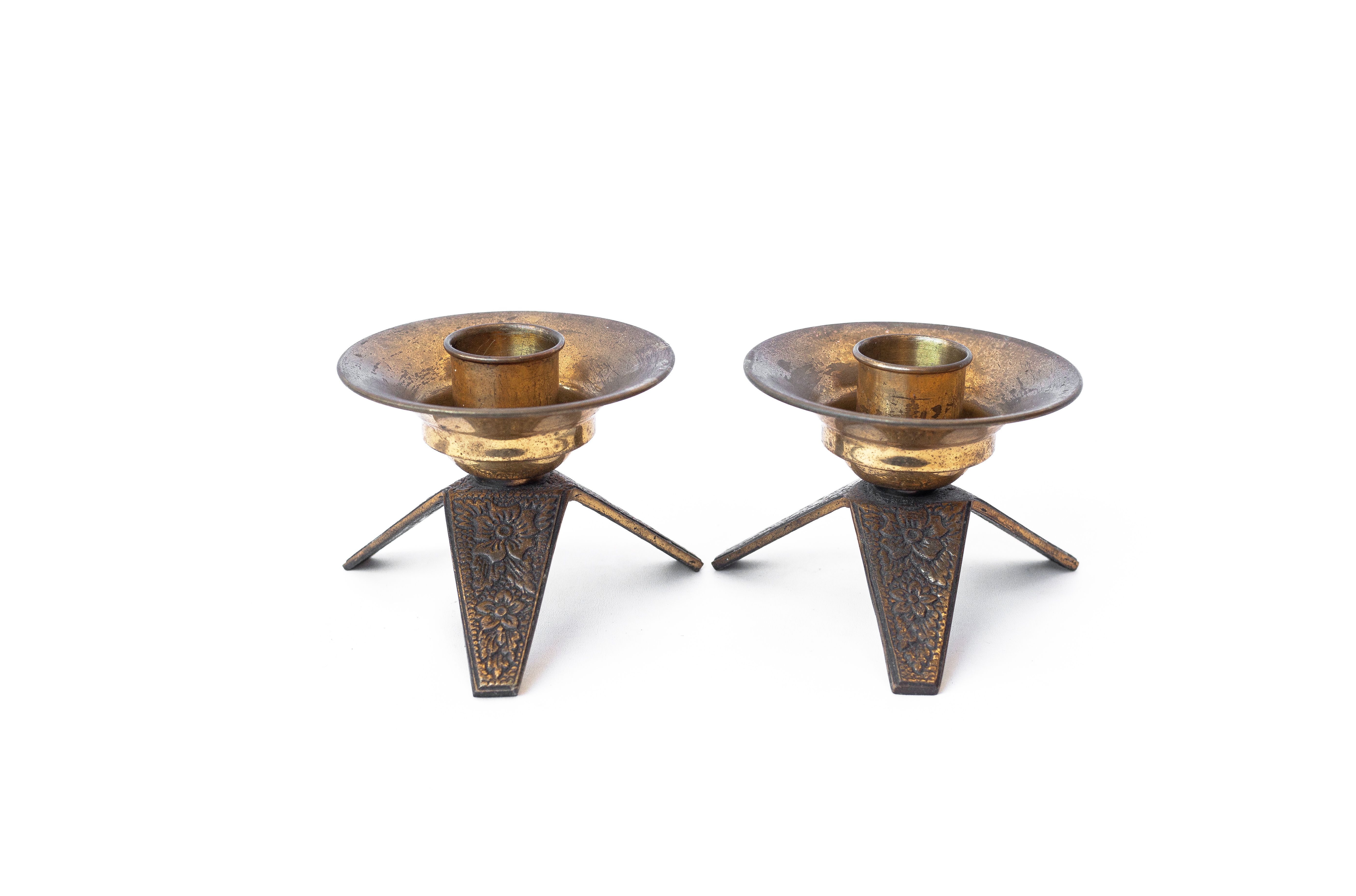 Pair of vintage candle holders, brass candle holders, candle holders, tripod legs, candelabra, floral pattern