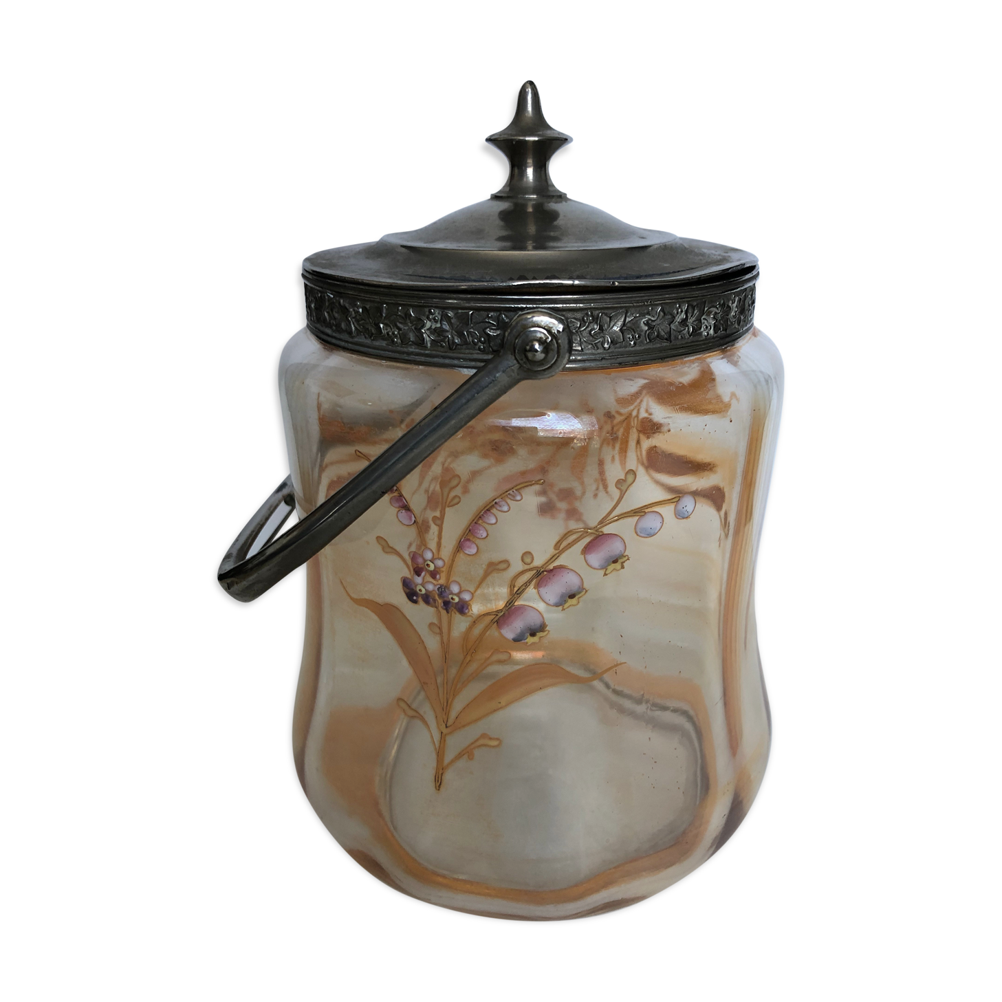 Art Nouveau cookie bucket in enamelled glass