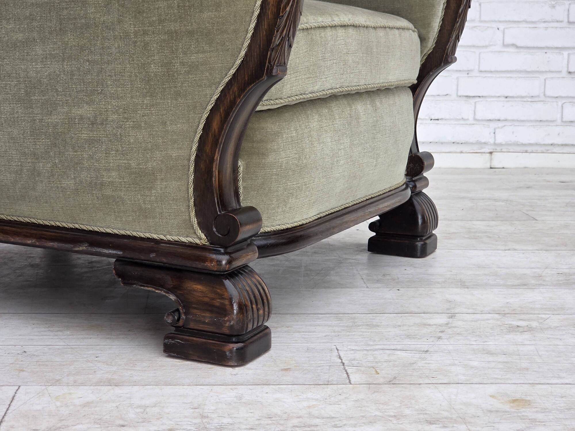 1950s, Danish relax armchair, furniture velour, carved oak wood.