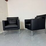2 fauteuils de salon modernistes allemands en cuir noir et acier de Walter Knoll