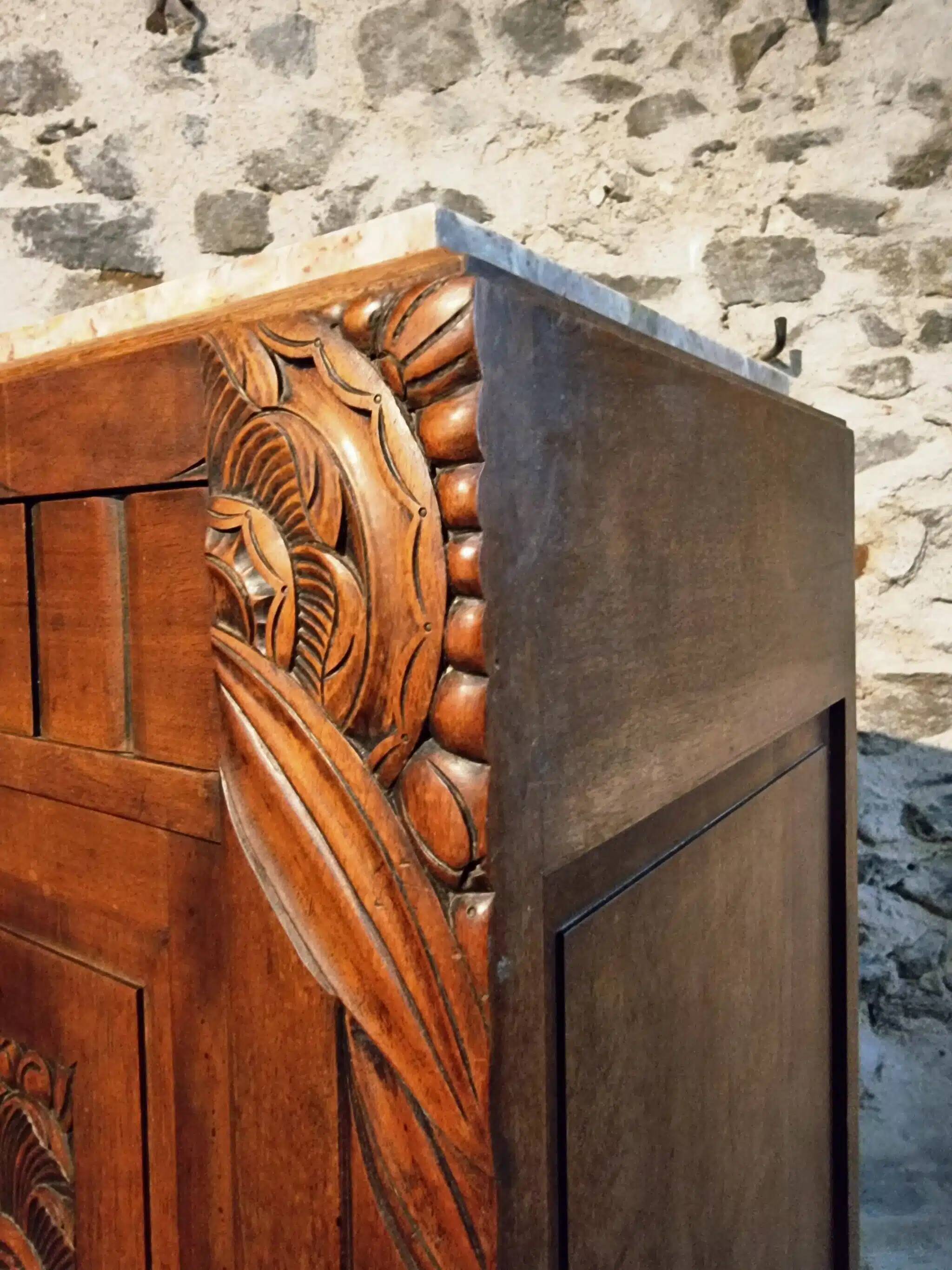 French Art Deco walnut sideboard with marble top (1920s)