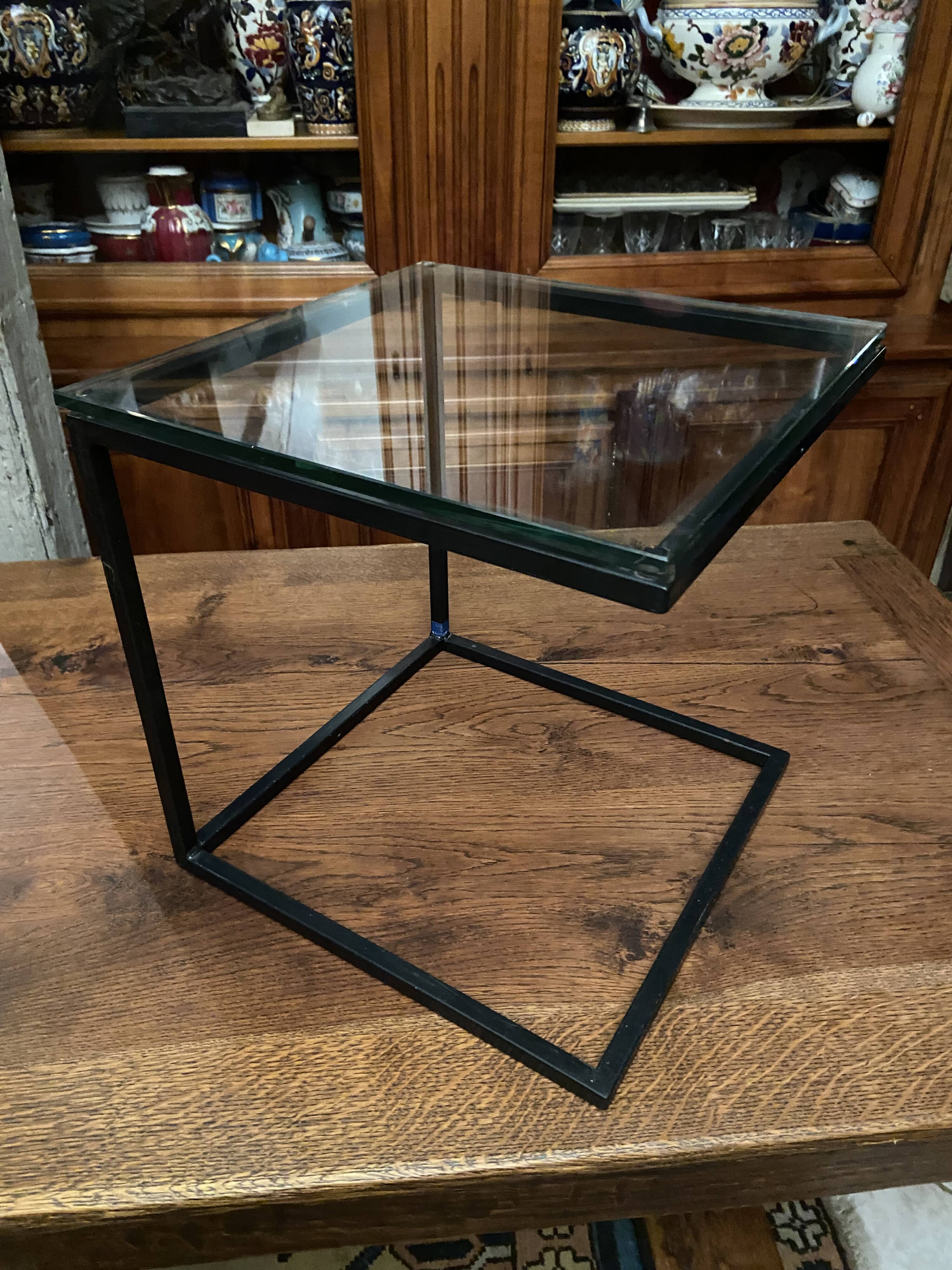 Coffee table end of sofa harness design 1970 metal and glass marked pierre chevalier