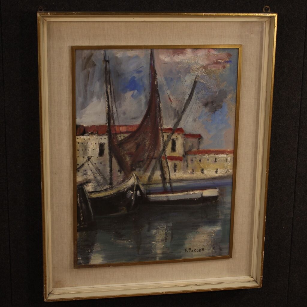 Italian painting signed harbor view with boats from 20th century