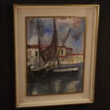 Peinture italienne signée vue sur le port avec des bateaux du 20ème siècle
