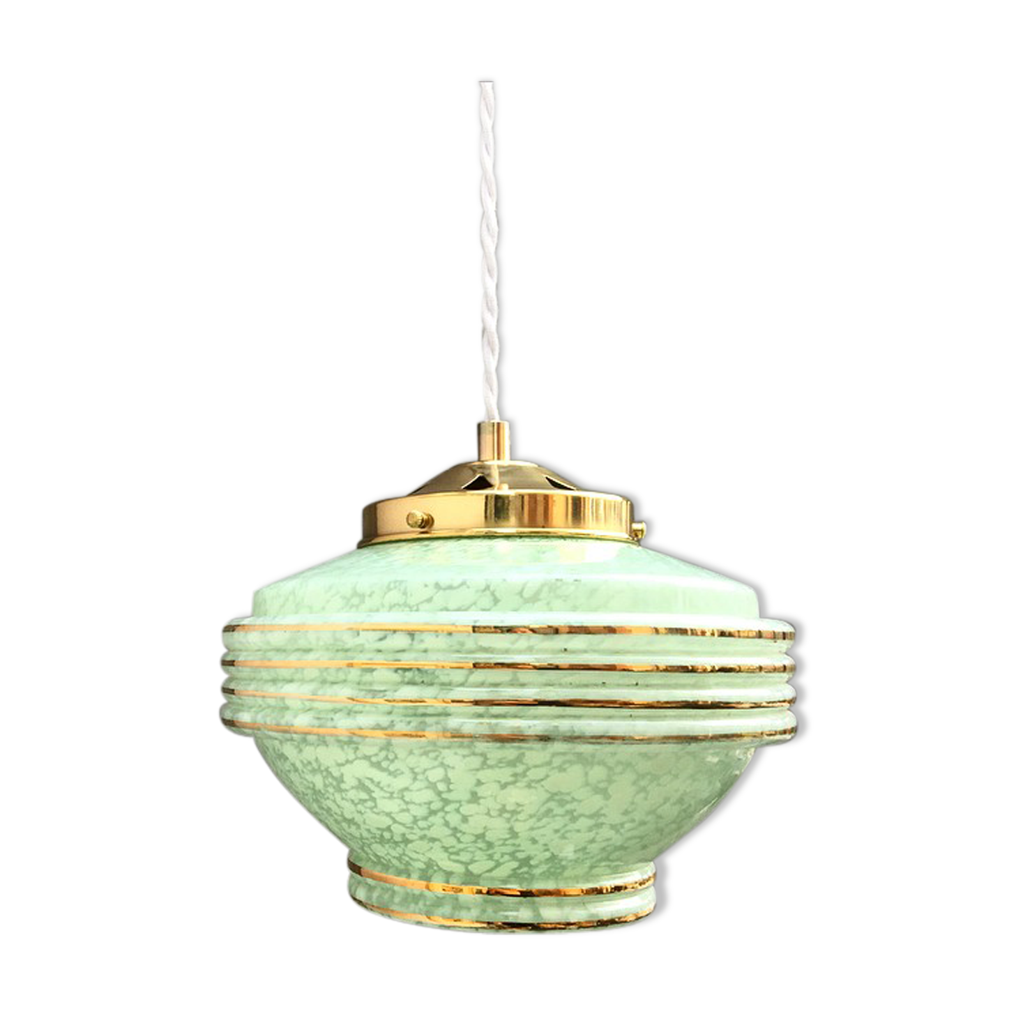 Vintage Globe art deco hanging in pale green Clichy glass.