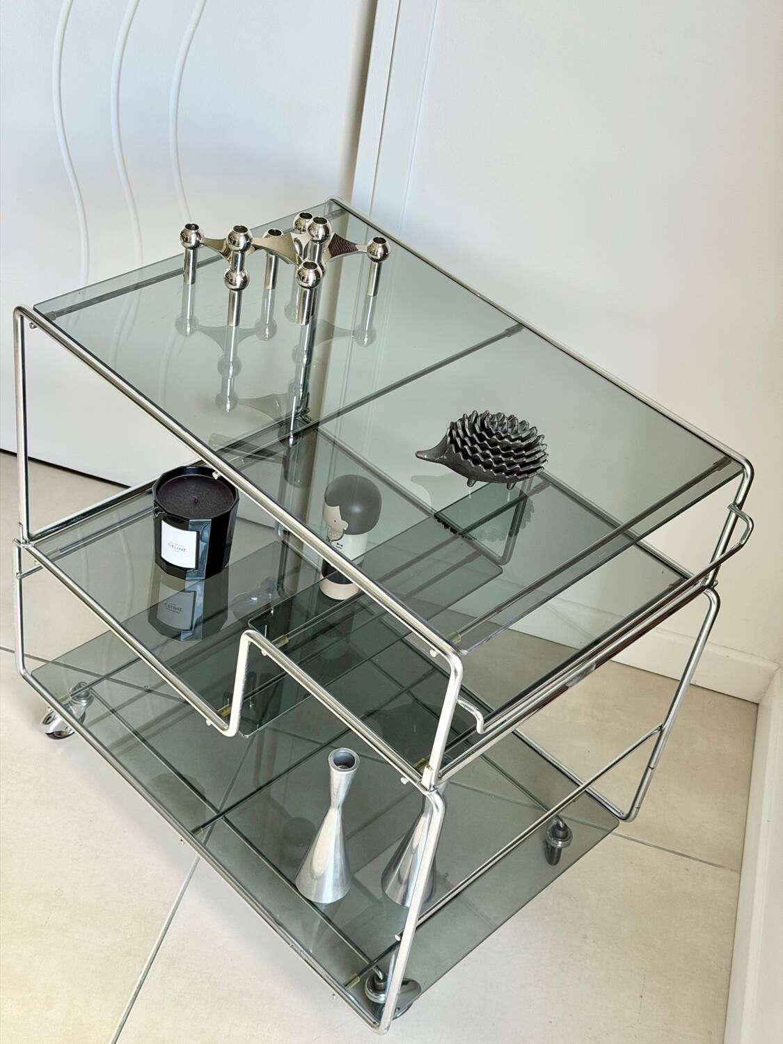 Coffee table / chrome and smoked glass by Max Sauze