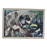 Original Swedish Mid-Century Oil on Canvas "Figures" by Erik Loo(1914-2004) - Vintage & Framed