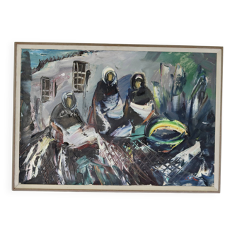 Huile sur toile originale suédoise du milieu du siècle « Figures » par Erik Loo (1914-2004) - Vintage et encadrée