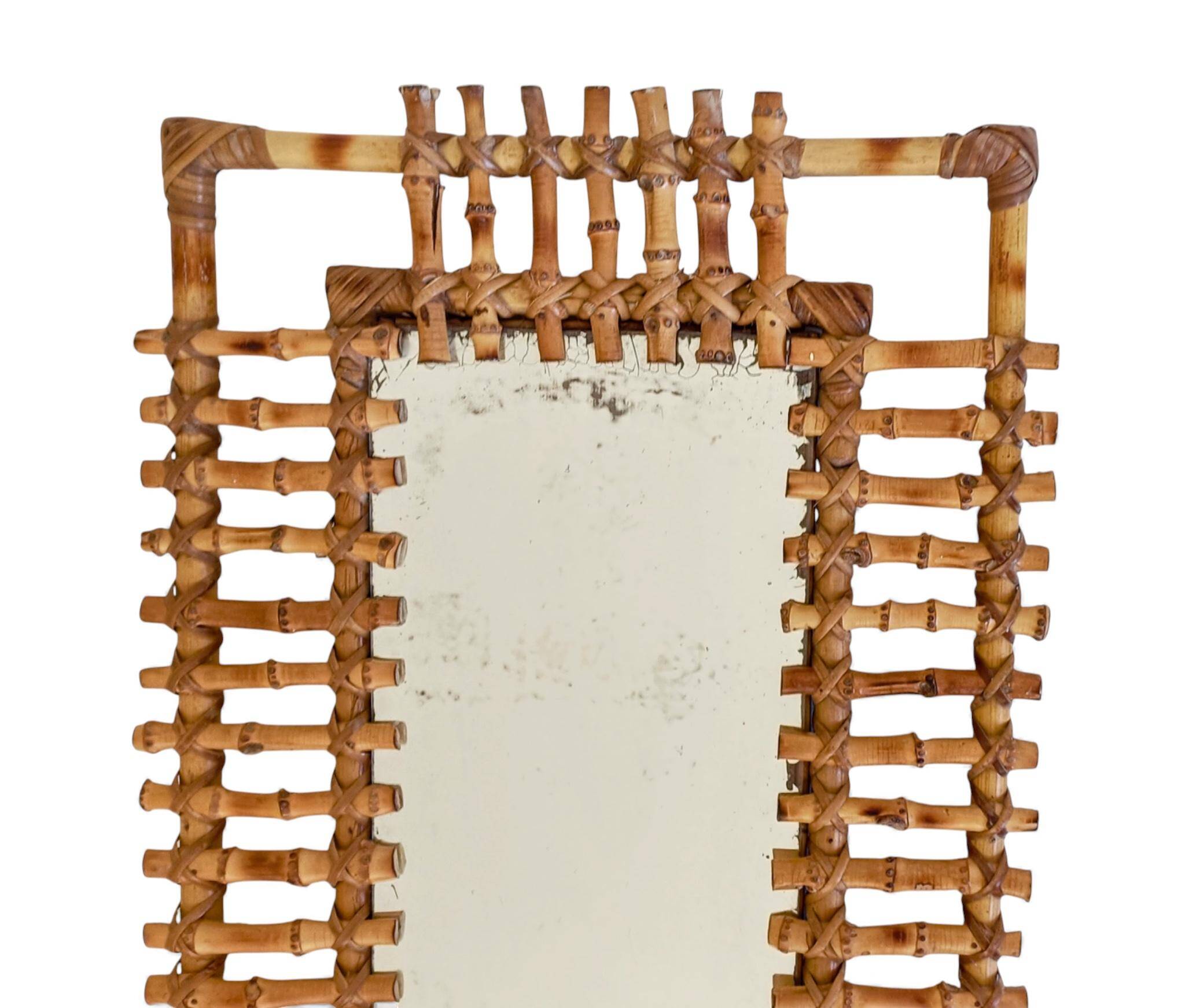 Mid-Century Bamboo & Rattan Mirror With Patina, French Riviera Style, 1950s