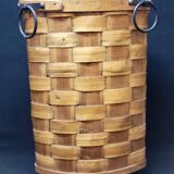 Ancienne corbeille vintage en bois tressé d'angle porte parapluie / panier