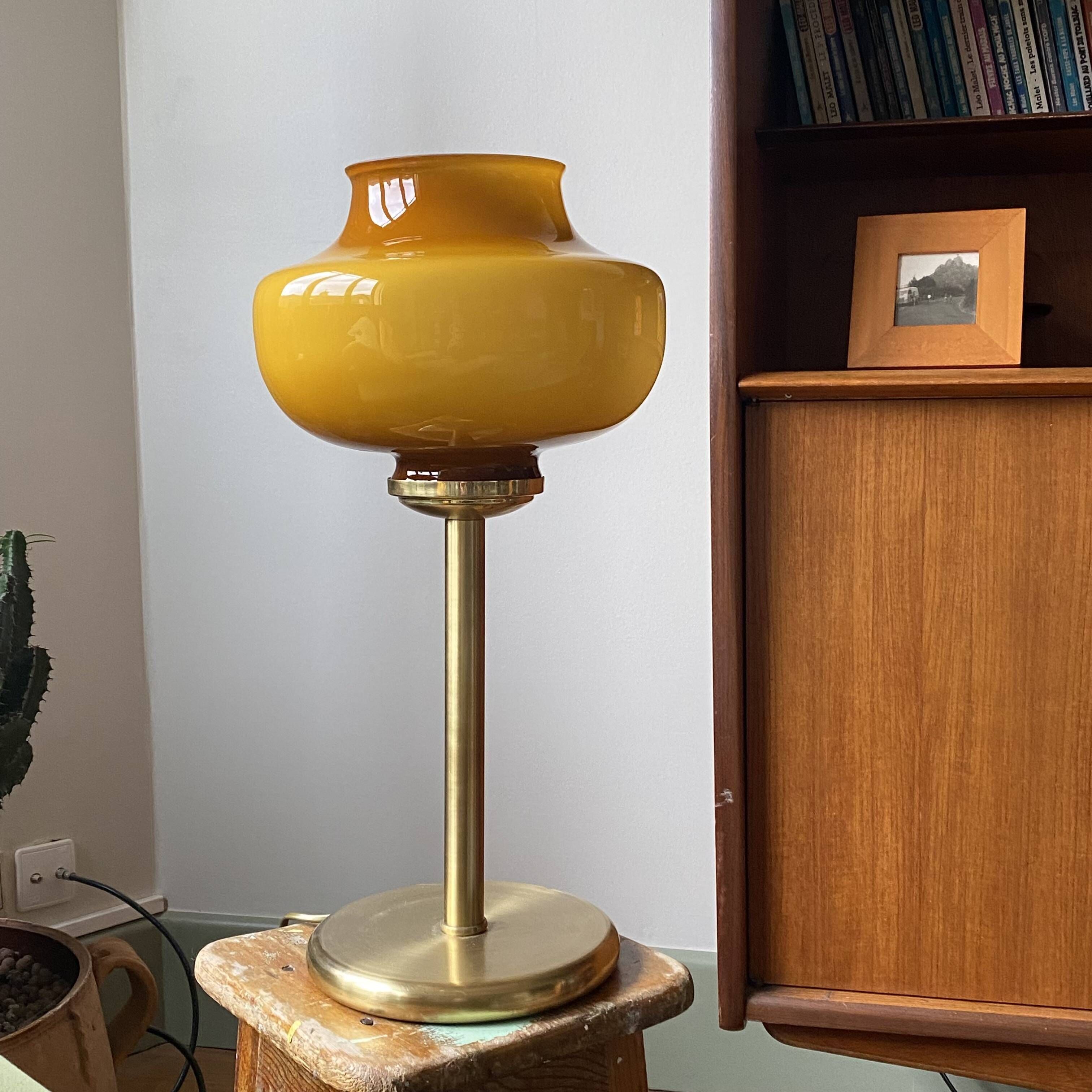Large vintage lamp with brown and yellow opaline glass and brass.