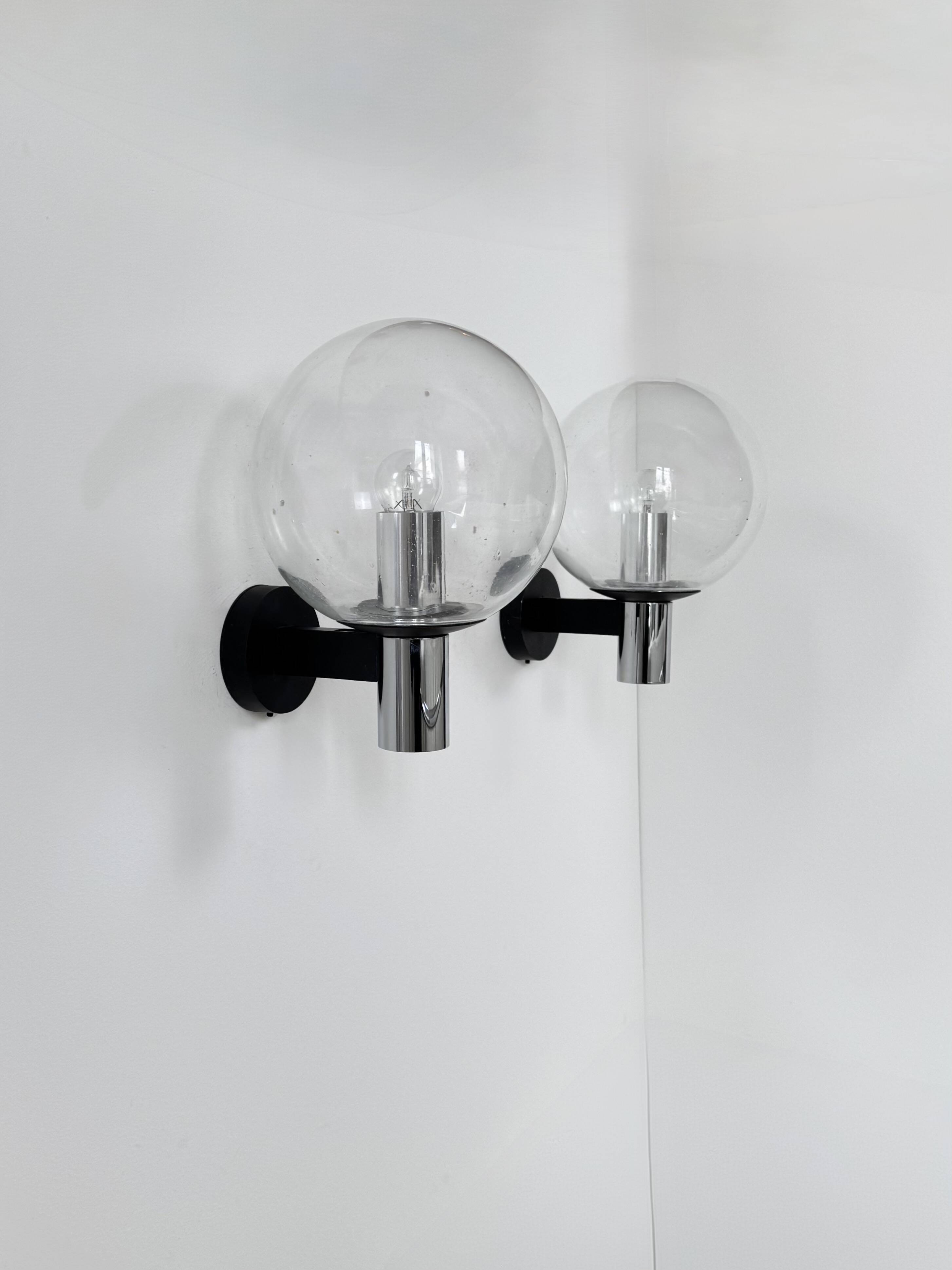 Pair of vintage XL wall lights, chrome metal and bubble glass, France, 1970.