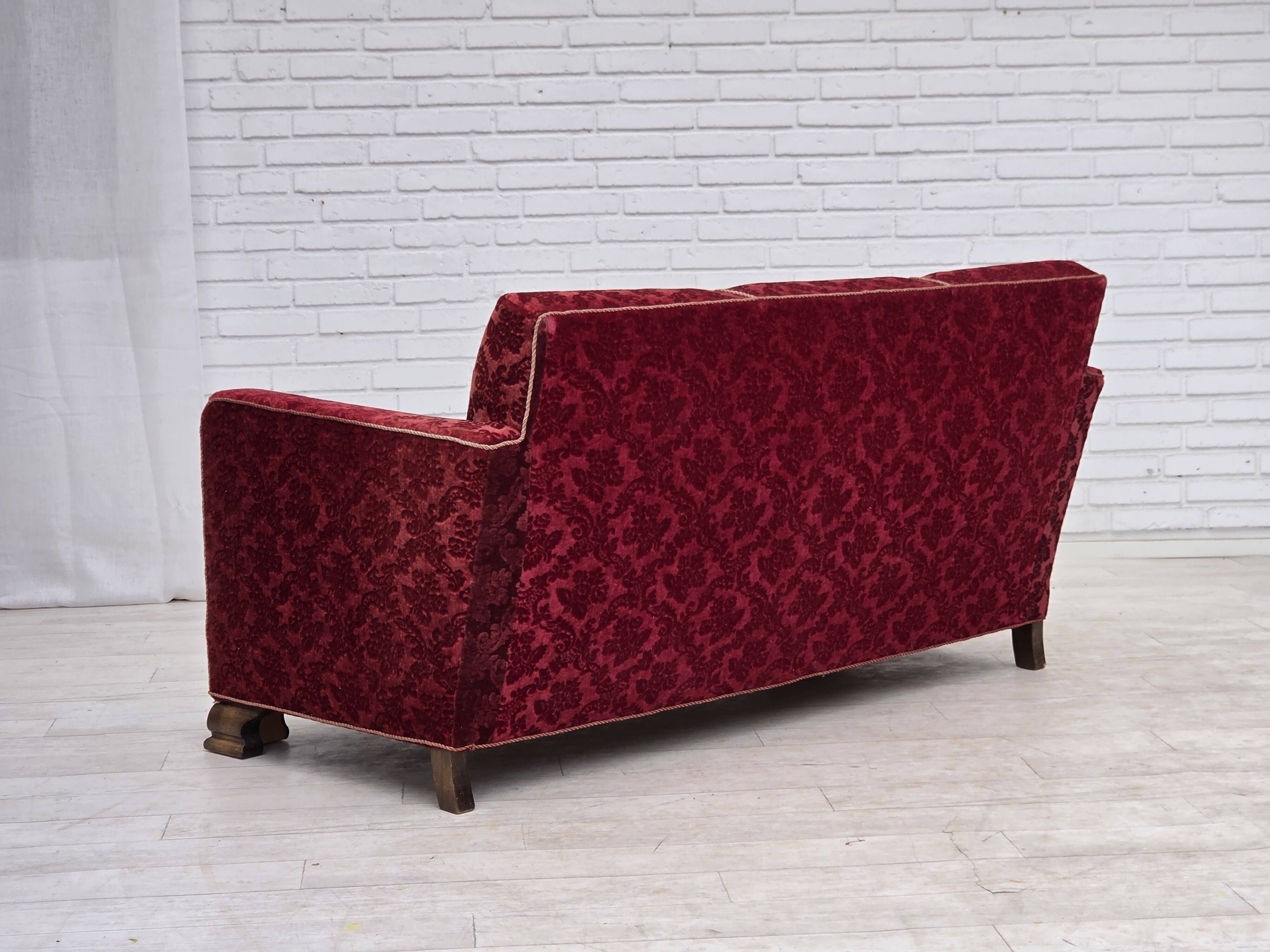 1950s, Danish 3-seater sofa, furniture velour, oak wood.