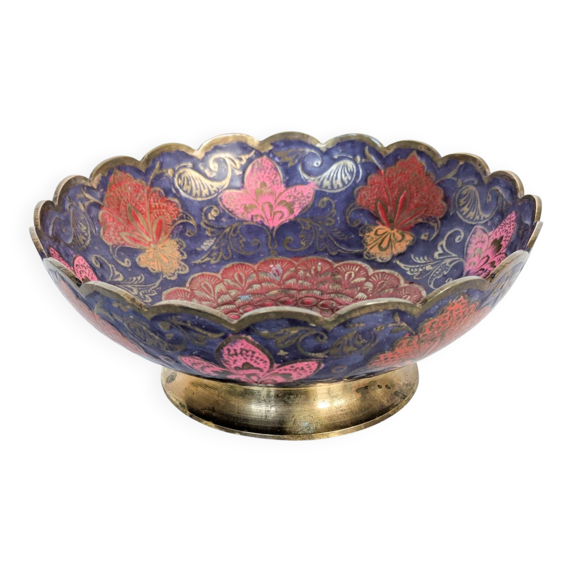 Vintage brass bowl with peacock motif, painted enamel, scalloped edge on a pedestal.