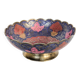 Vintage brass bowl with peacock motif, painted enamel, scalloped edge on a pedestal.