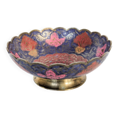Coupelle vintage en laiton motif paon, émail peint, bord festonné sur pied