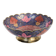 Vintage brass bowl with peacock motif, painted enamel, scalloped edge on a pedestal.