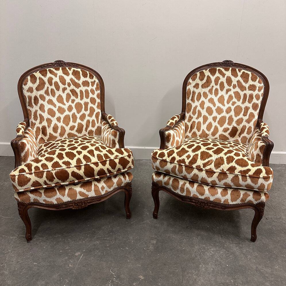Pair of Louis XV style armchairs in giraffe velvet upholstery, France, 1950s