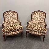 Pair of Louis XV style armchairs in giraffe velvet upholstery, France, 1950s
