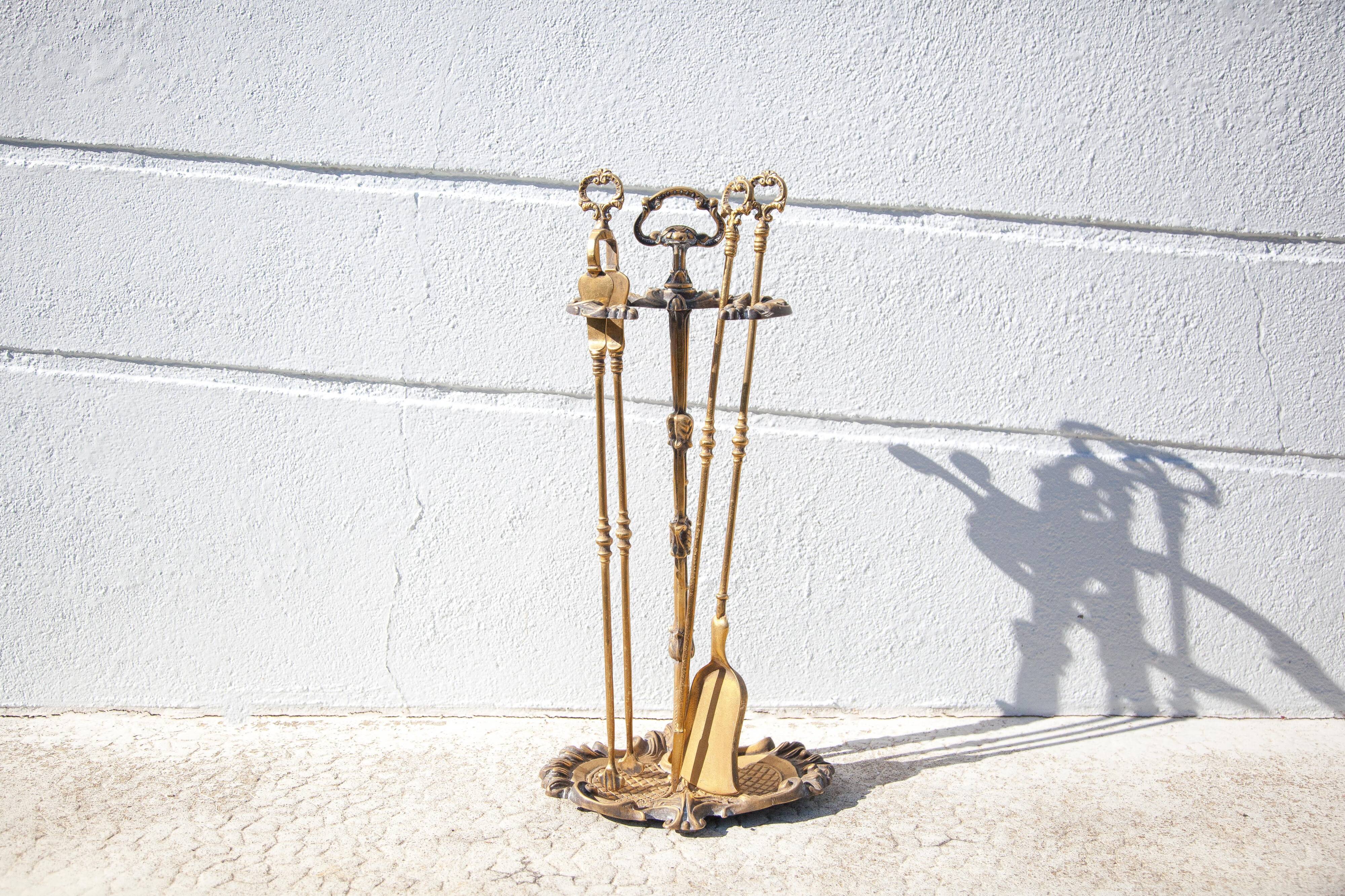 Serviteur de cheminée vintage, accessoires cheminée, serviteur bronze doré, decor cheminée