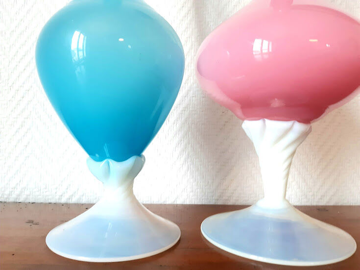 Pair of ewers in pink and blue opaline