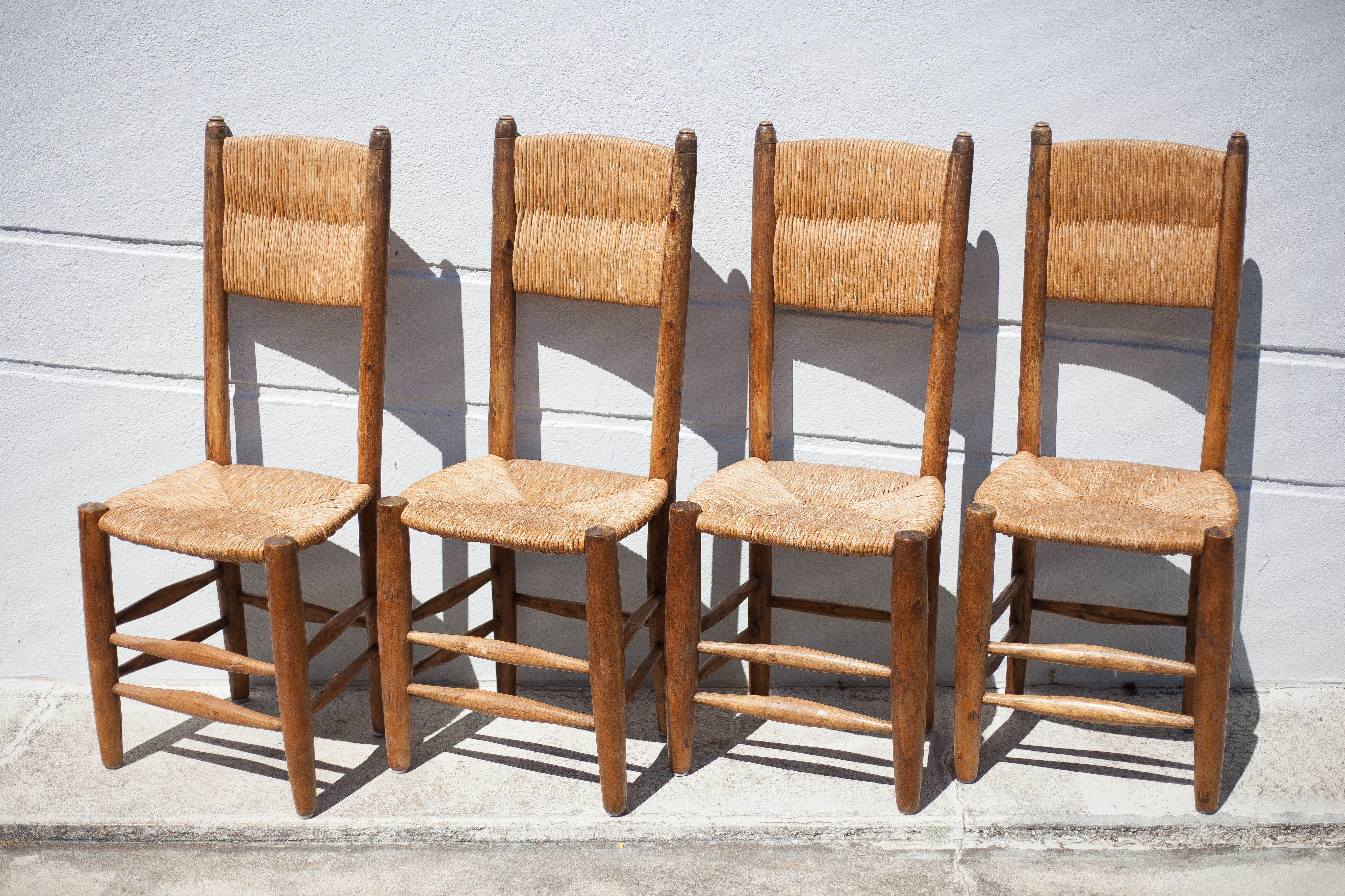 Wooden and straw chair x 4, chair with seat and straw back, chalet, countryside, decoration