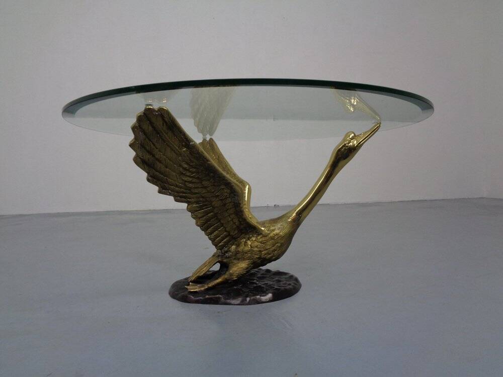 French Swan Coffee Table in Brass and Glass, 1960s