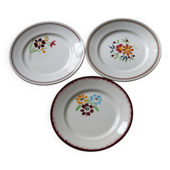 3 dessert plates earthenware Salins France hand-painted