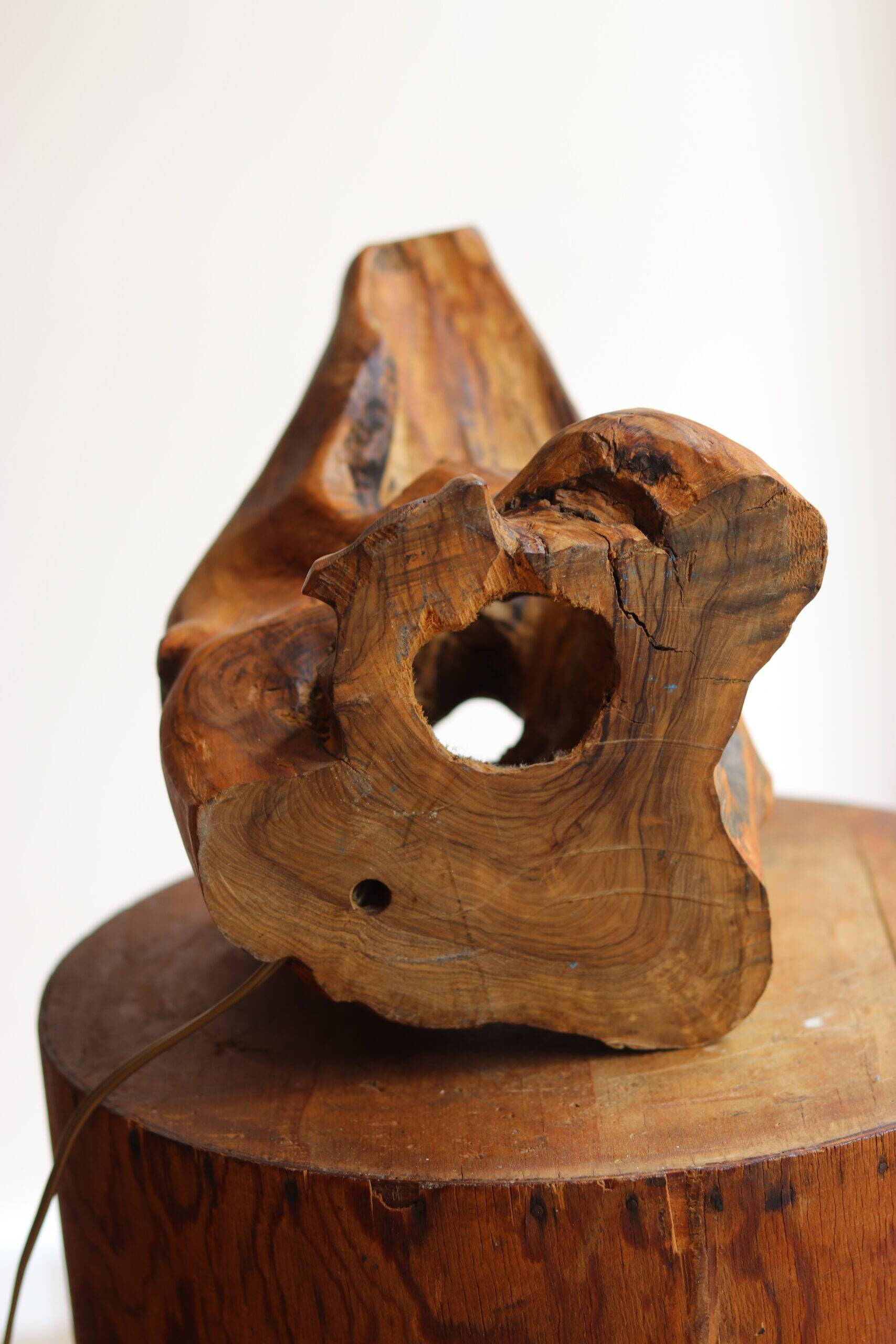 Large 1960s lamp made of olive wood.