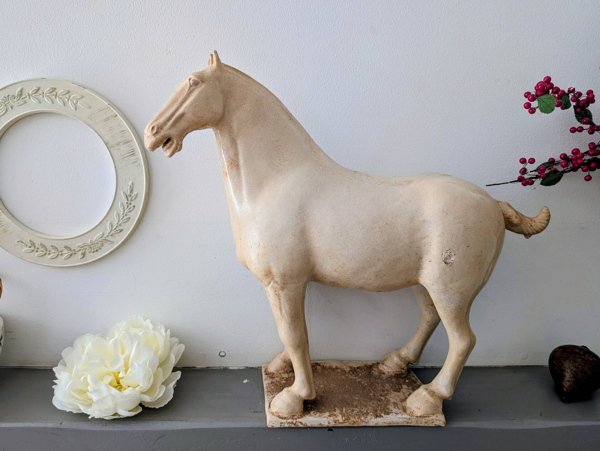 Large Tang-style horse in crackled ceramic 40 cm