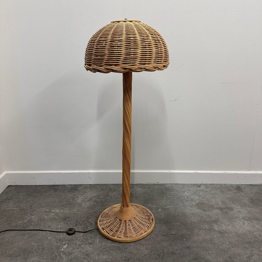 Large French rattan floor lamp, mushroom shade, vintage wicker standing lamp