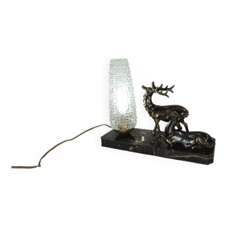 Marble and spelter table lamp / deer and doe / vintage